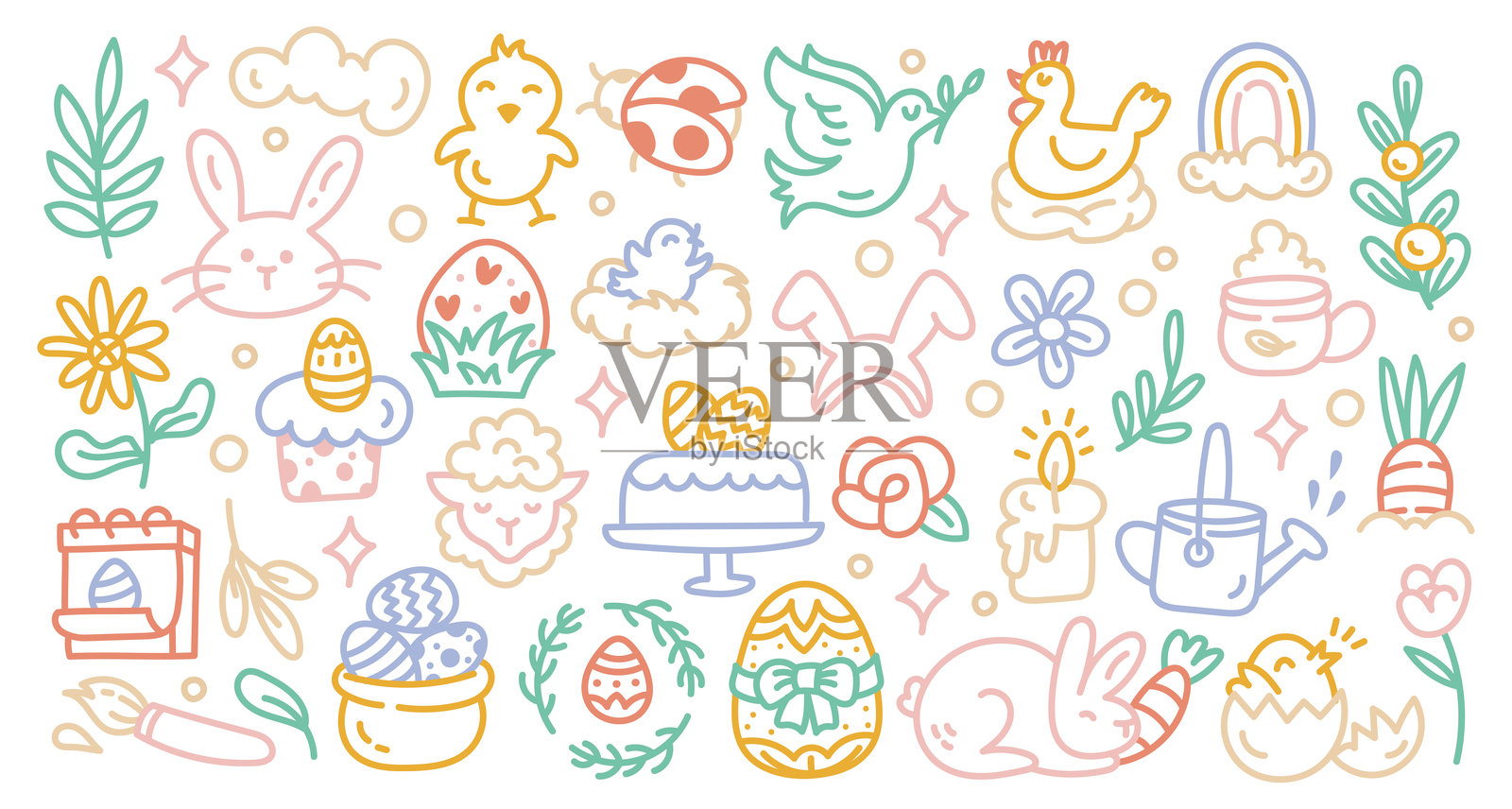可爱的复活节涂鸦线条艺术合集插画图片素材