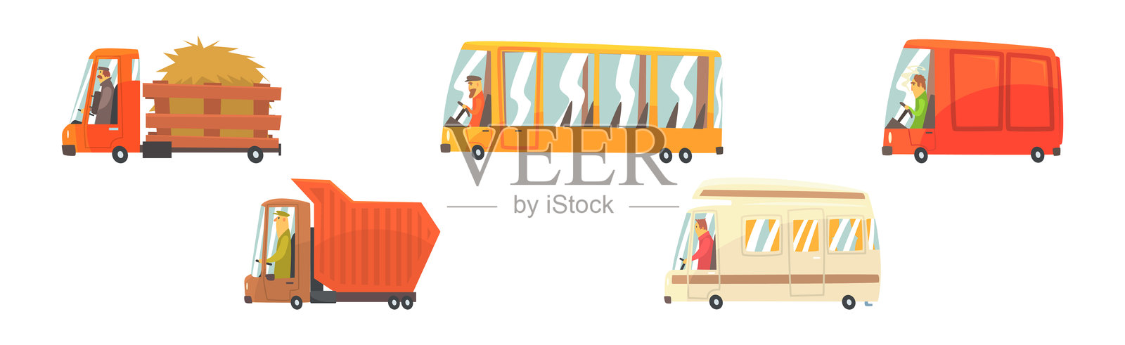 城市交通矢量图集:驾驶公交车和卡车的男性司机插画图片素材