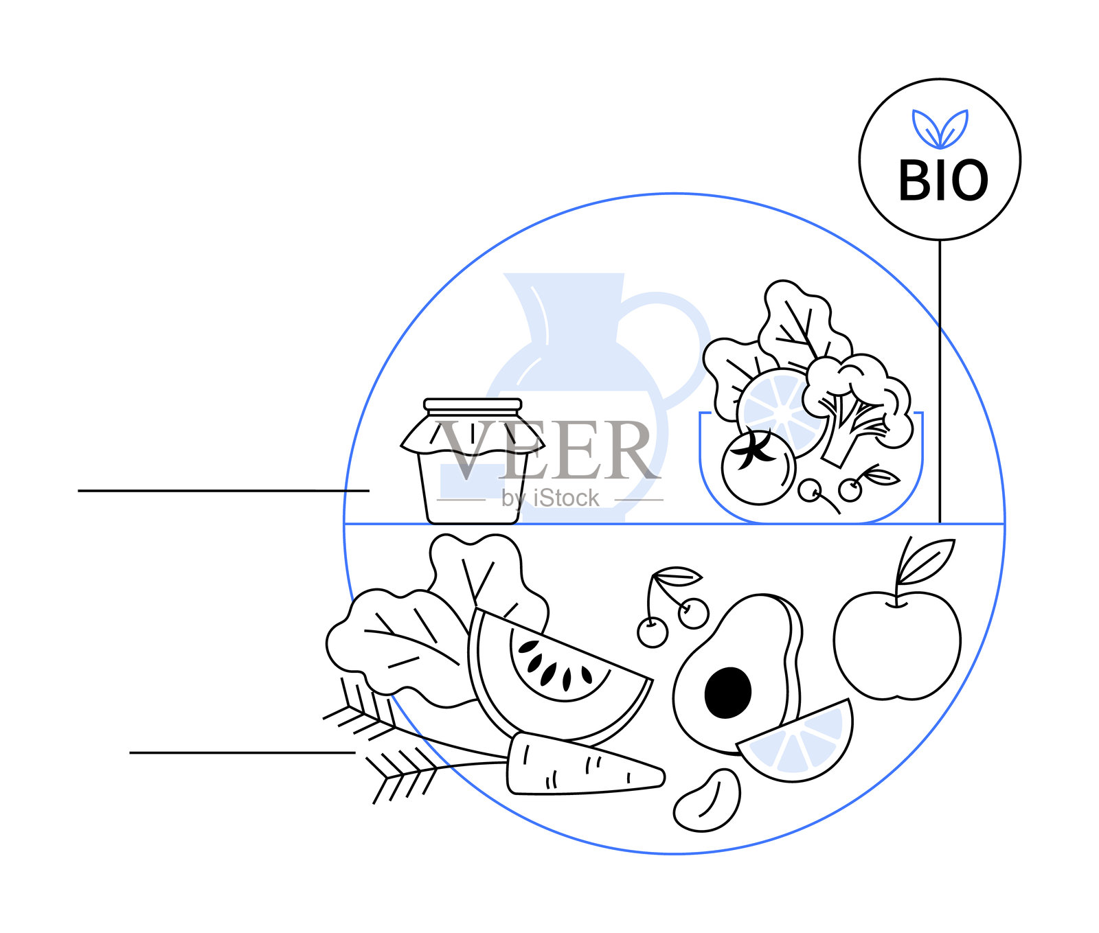 有机食品和成分,带有生物标签的新鲜水果、蔬菜、鳄梨、奶酪和罐子插画图片素材