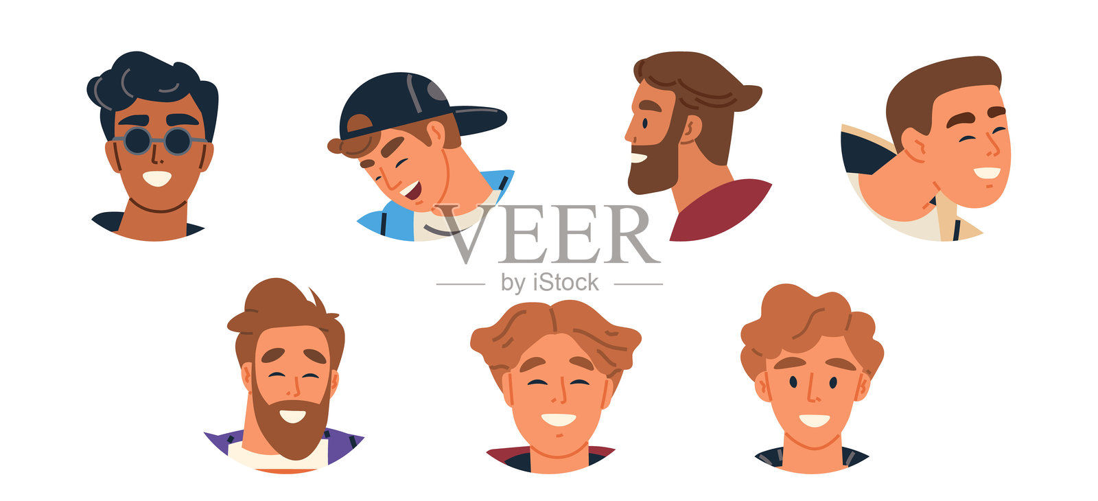多样化男性面孔,展现不同发型、情感和风格插画图片素材