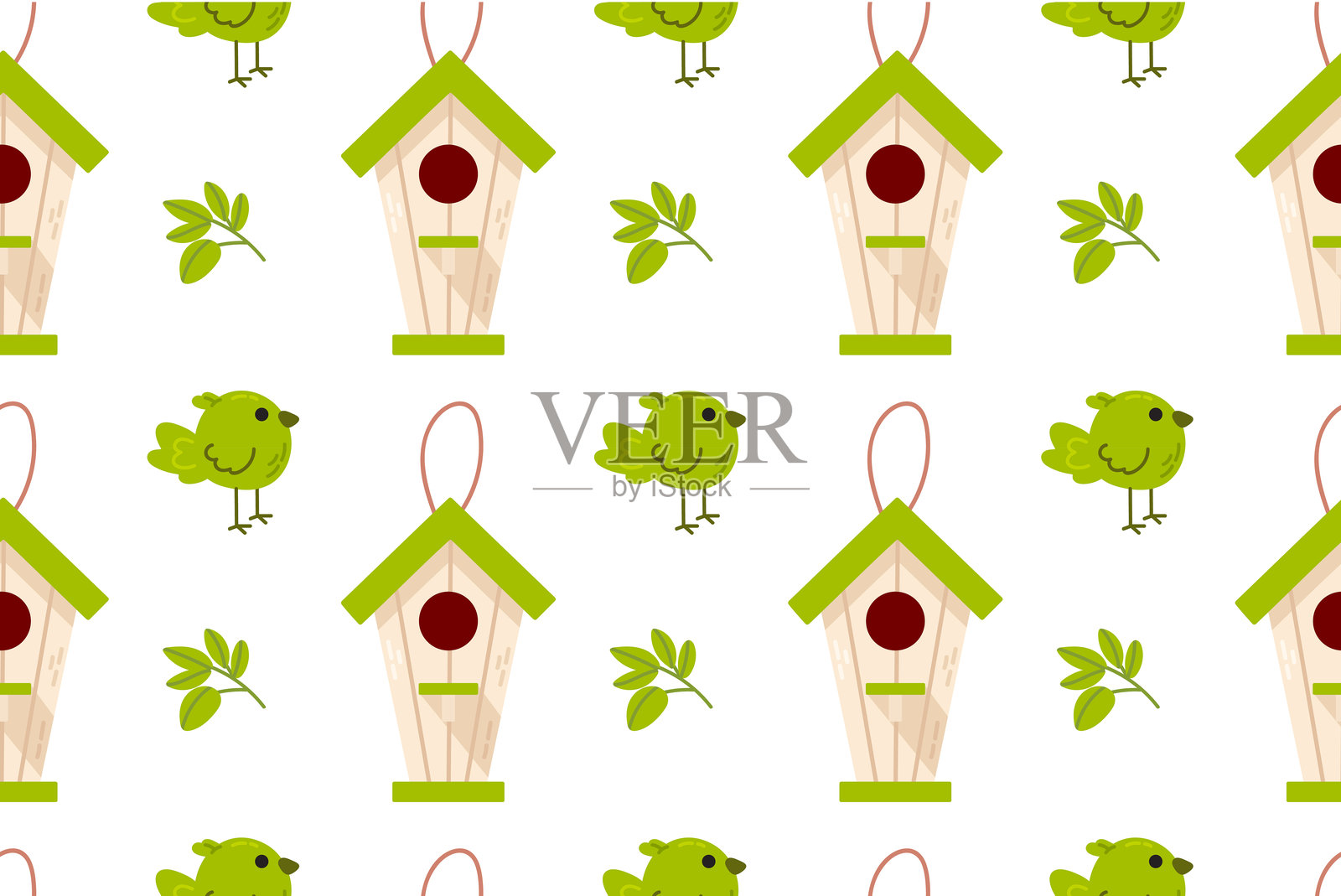 迷人的无缝图案,展示了带有绿色装饰的木制鸟屋。非常适合用于面料、壁纸和春季项目。插画图片素材