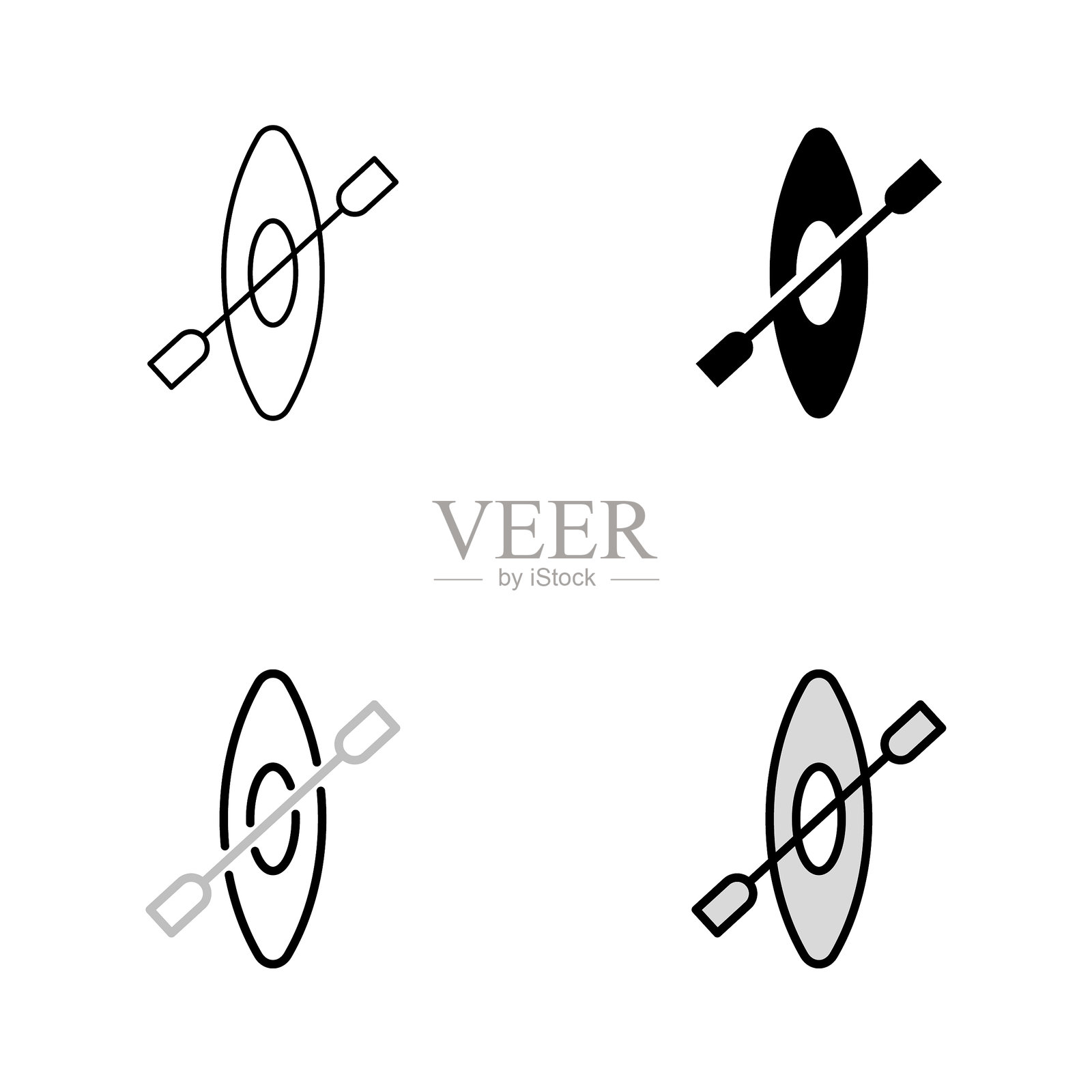 四种风格的独木舟图标设计,带可编辑的线条:线条风格、实心风格、平面线条风格和双色线条风格。适用于网页、移动应用、用户界面、用户体验和图形用户界面设计。插画图片素材