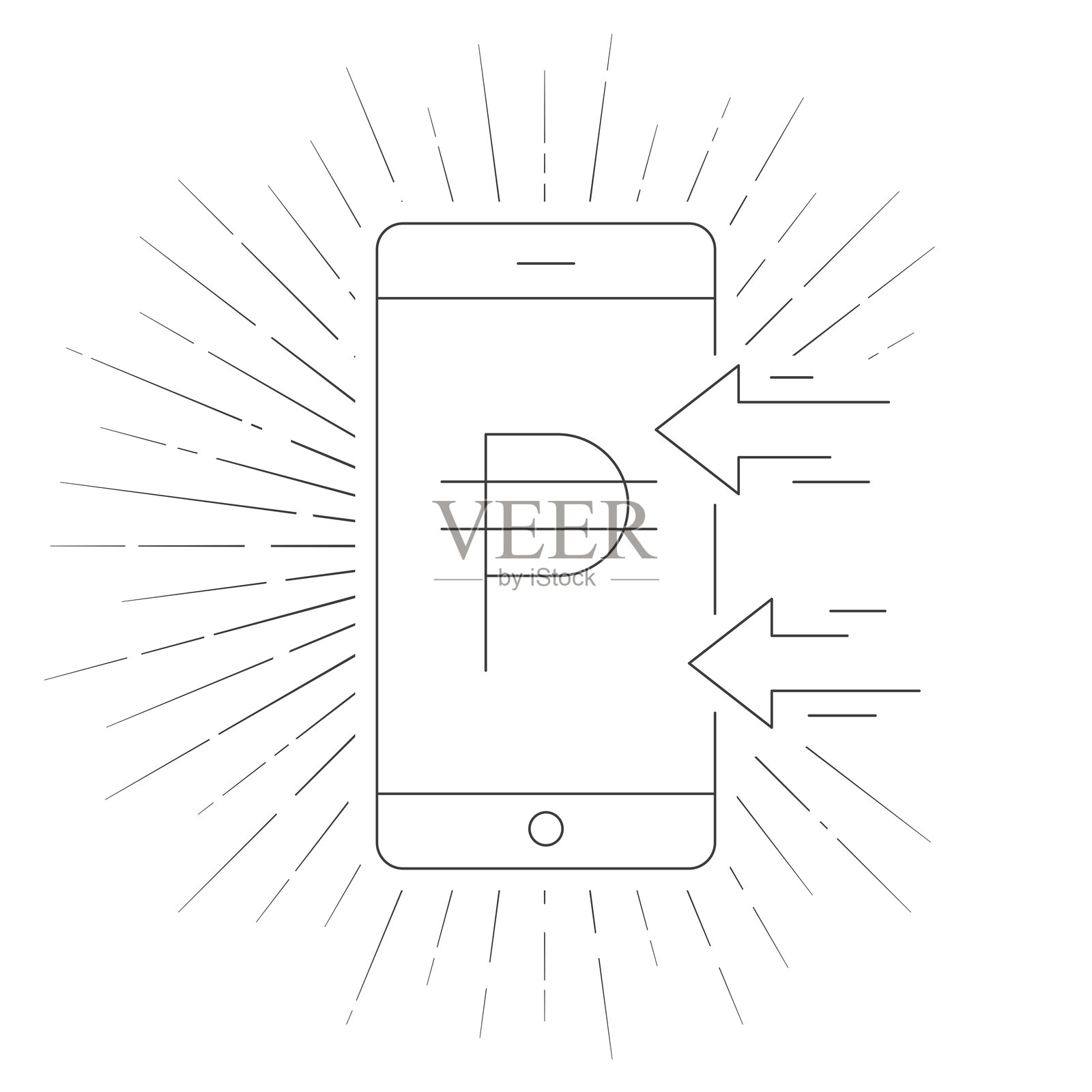 用智能手机接收比索。白色背景上的线条图标与光芒四射。插画图片素材