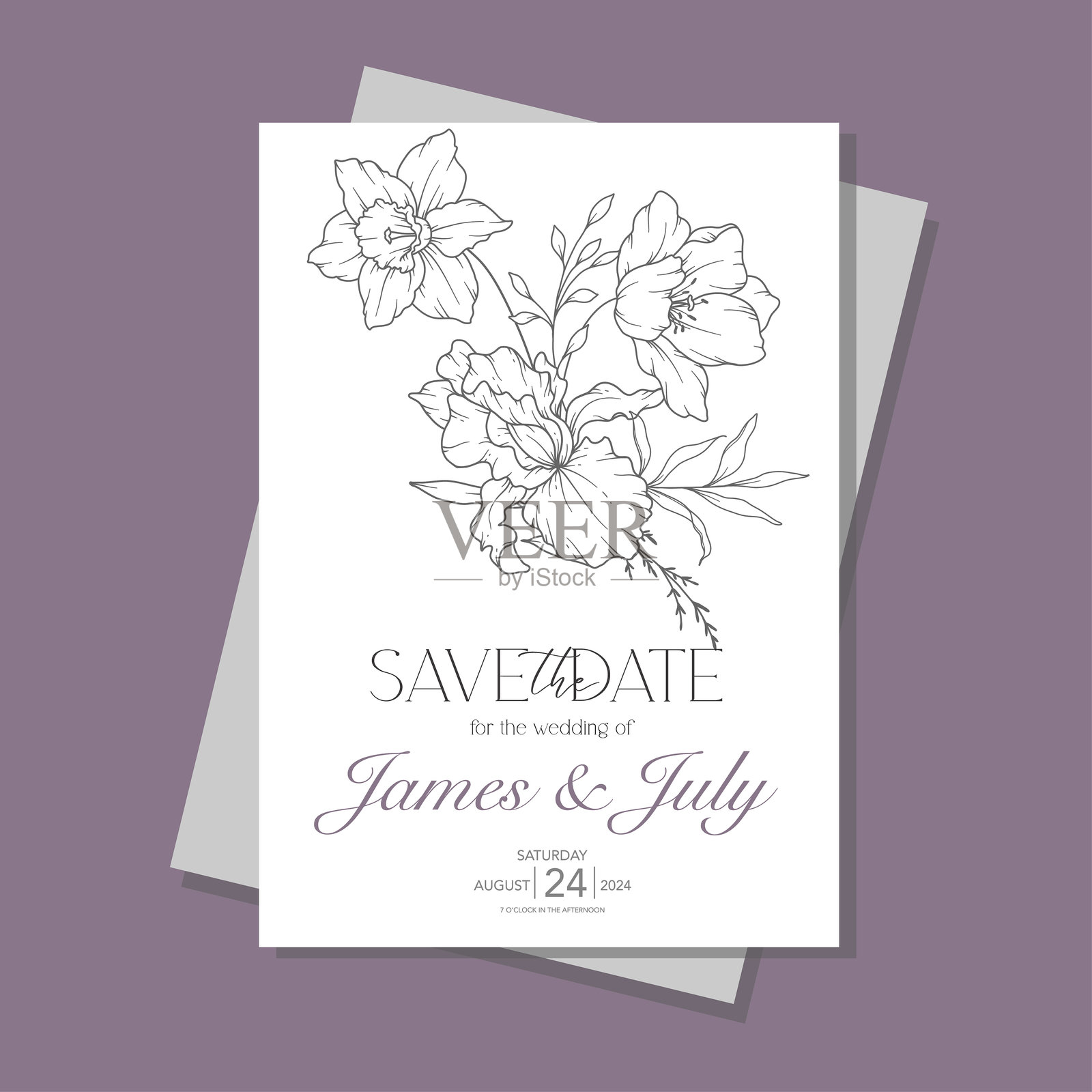 线条艺术春季花卉婚礼邀请模板,简约花卉婚礼设计,春季婚礼邀请模板插画图片素材