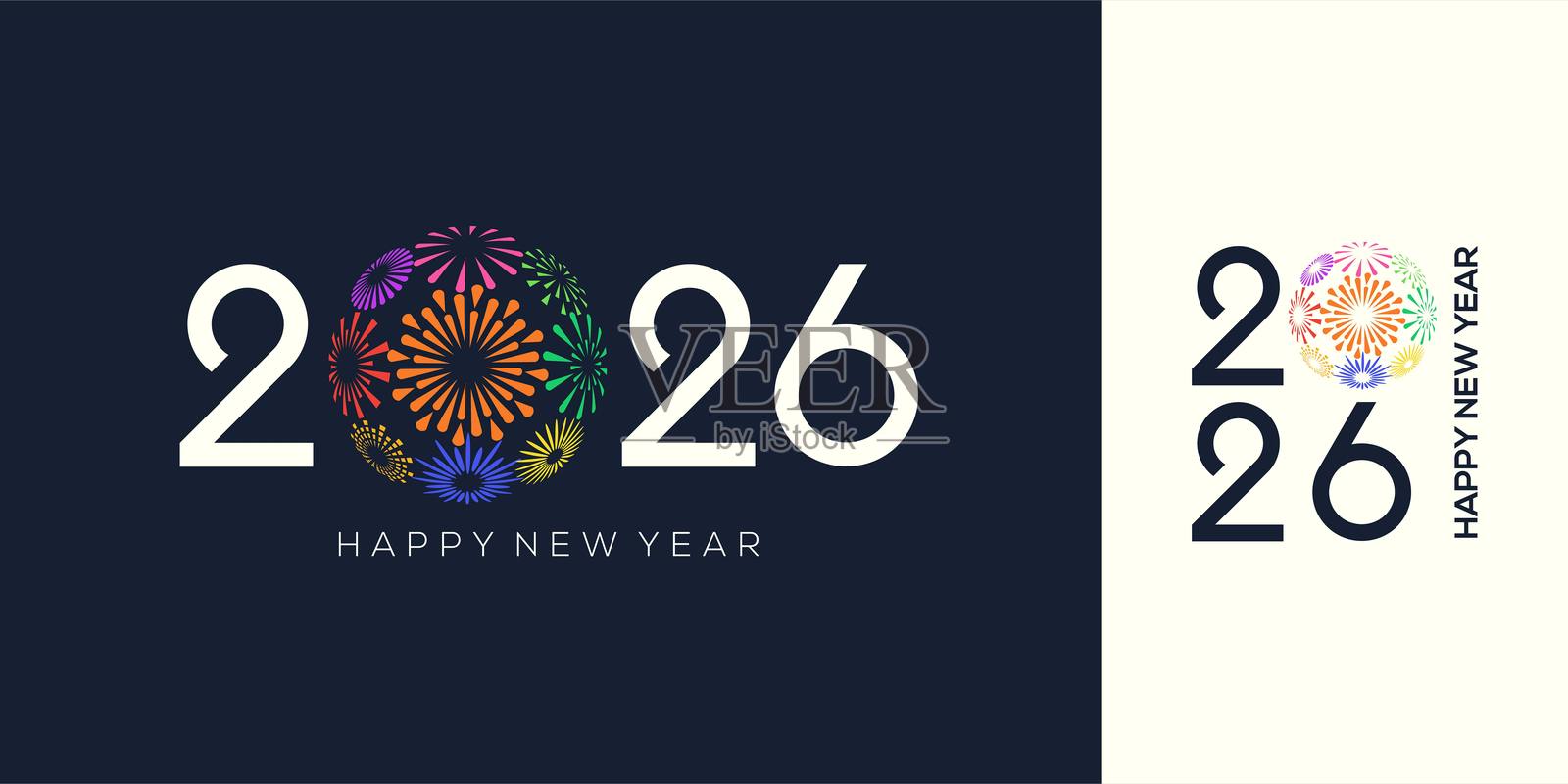 2026年新年快乐标志设计矢量图。五彩缤纷的烟花和时尚的2026年新年设计模板。插画图片素材