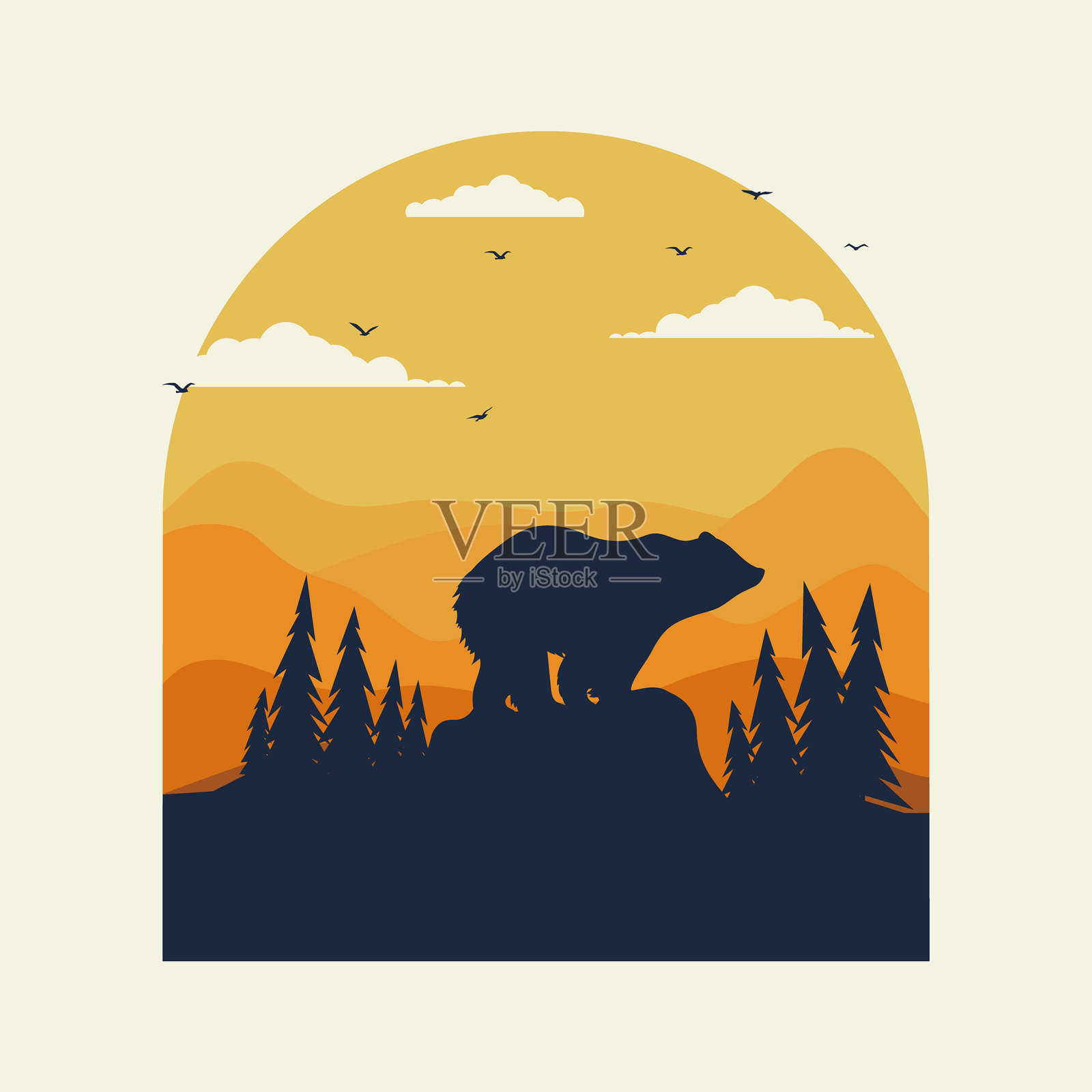 野生熊站在悬崖上。灰熊俯瞰山谷与山脉的海报。野生动物的概念。插画图片素材