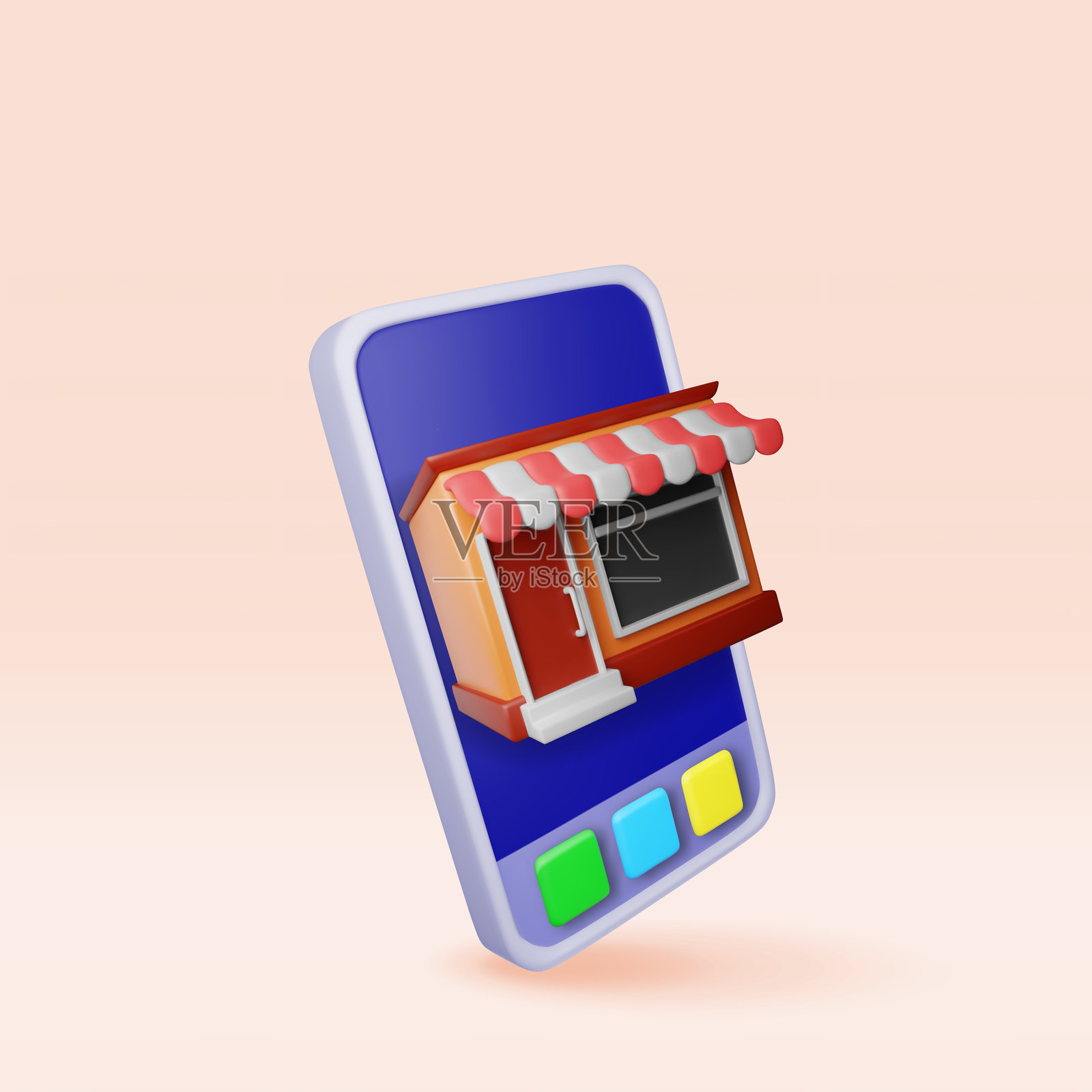 智能手机中的3D条纹遮阳篷商店。插画图片素材