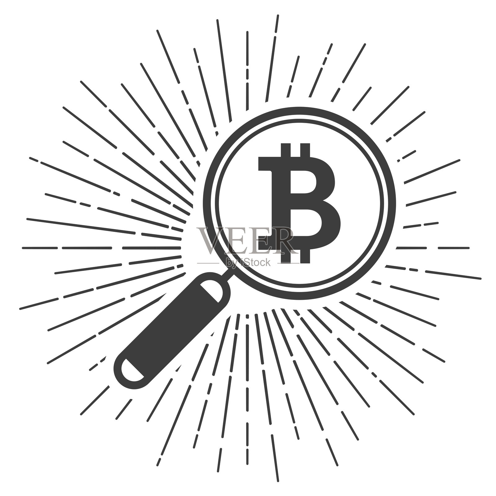 放大镜与比特币标志。白色背景上的光芒图标插画图片素材