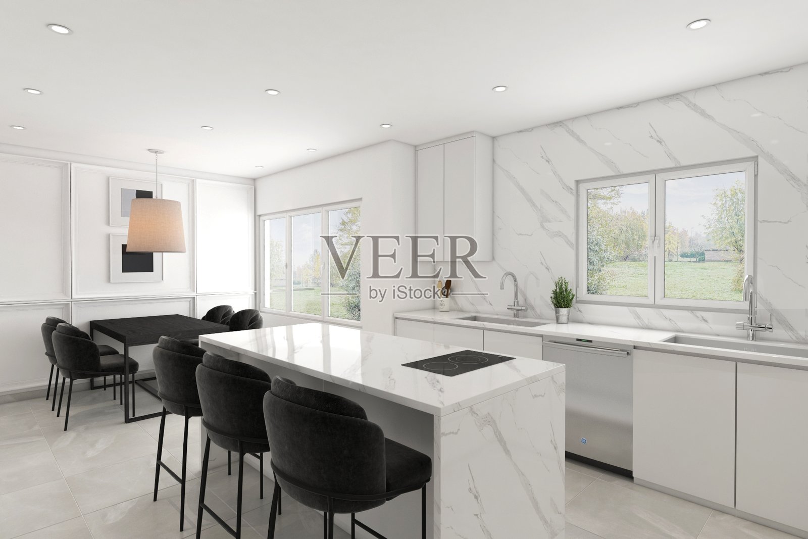 现代厨房和餐厅,配有大理石台面和自然光照照片摄影图片
