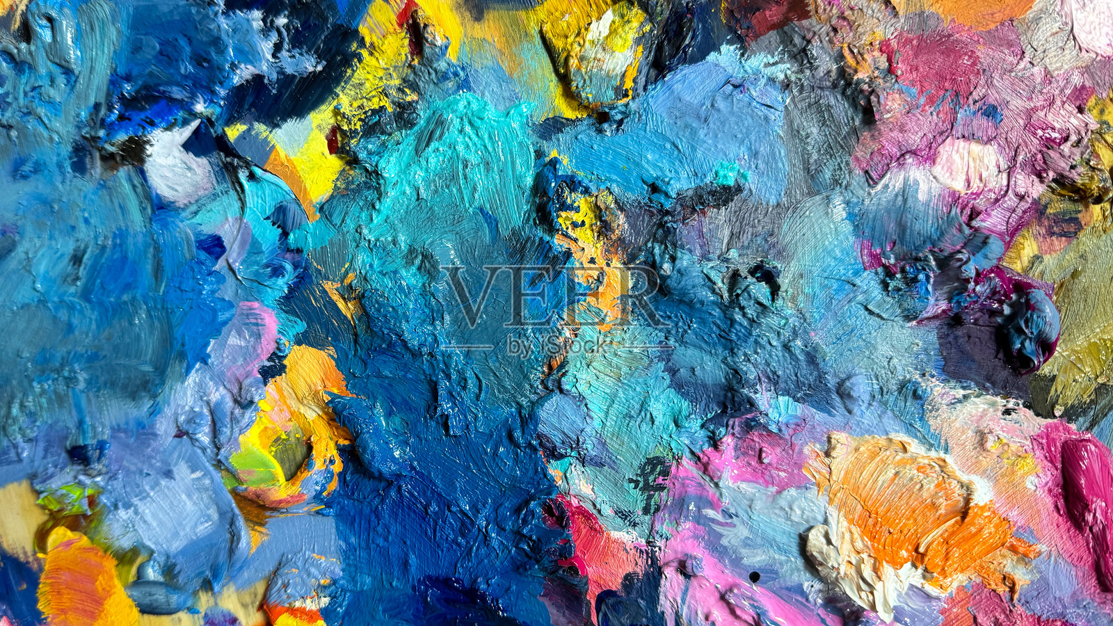 丰富纹理的彩色油画笔触特写。充满活力的颜色和表现力强的笔触的抽象艺术背景。非常适合创意设计、艺术概念和纹理表面。照片摄影图片