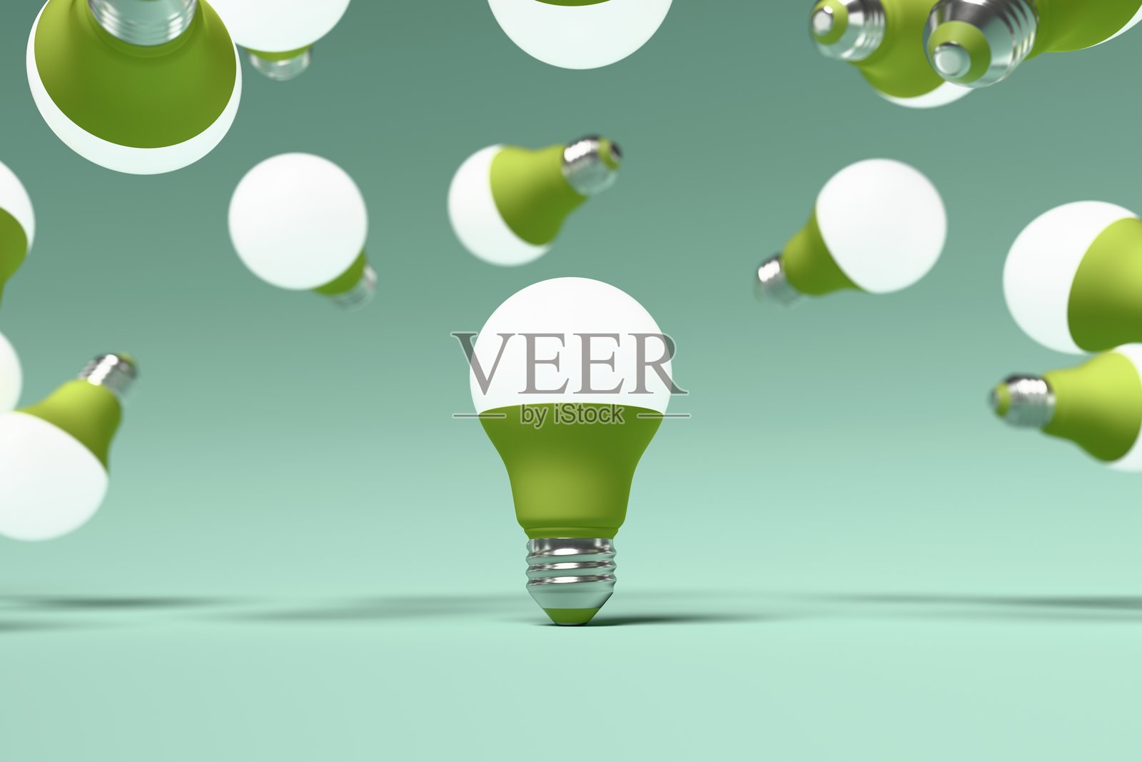 发光的LED灯泡被许多其他灯泡环绕,漂浮在青绿色背景中。3D插图,渲染。照片摄影图片