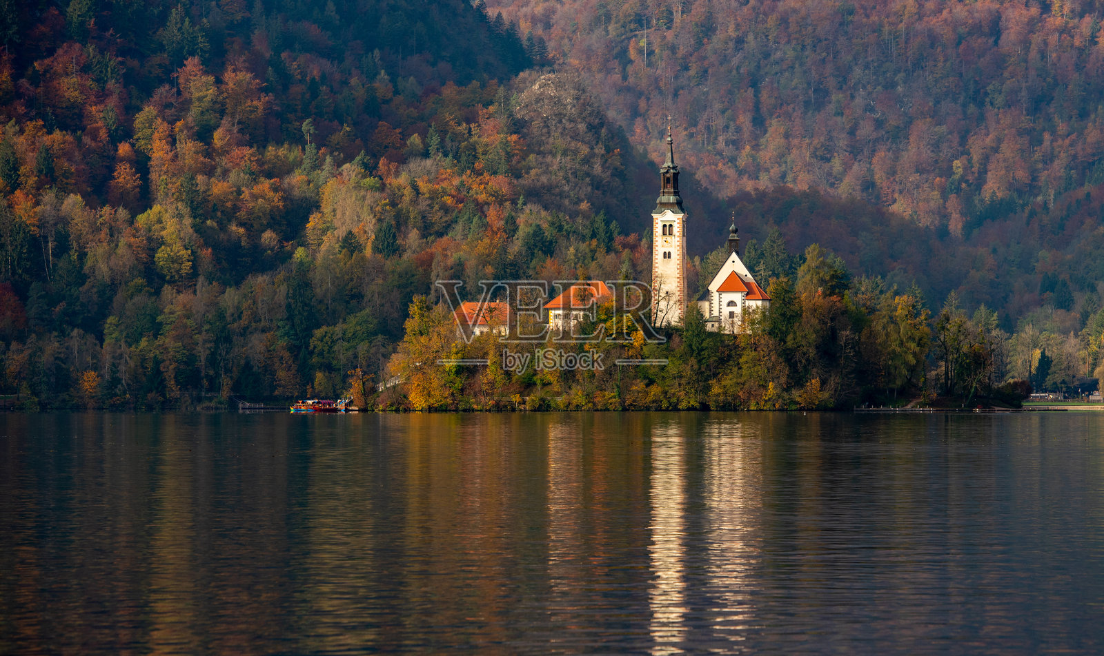 斯洛文尼亚布莱德湖的圣母升天朝圣教堂。照片摄影图片