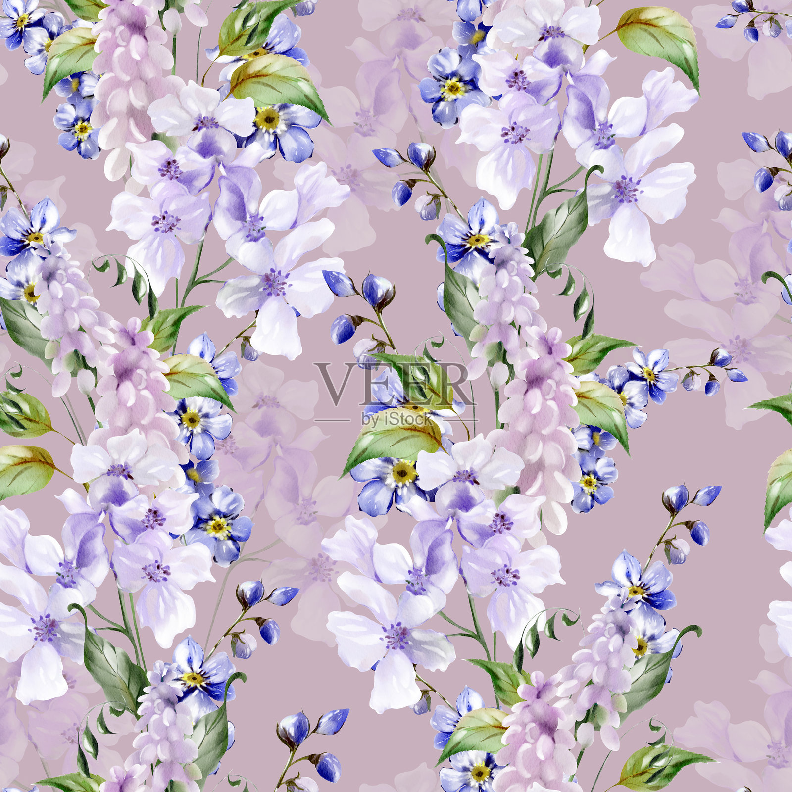 水彩无缝图案与麝香花和蝴蝶。插画图片素材