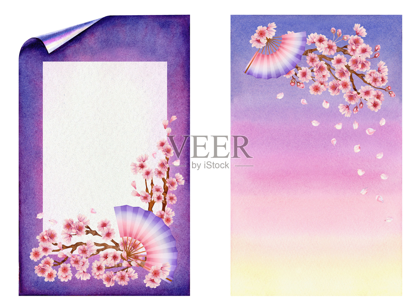 带有渐变背景的垂直框架,盛开的樱花,粉色、淡紫色和紫色,适用于花见节的春季水彩模板,适合明信片、海报和婚礼使用。插画图片素材