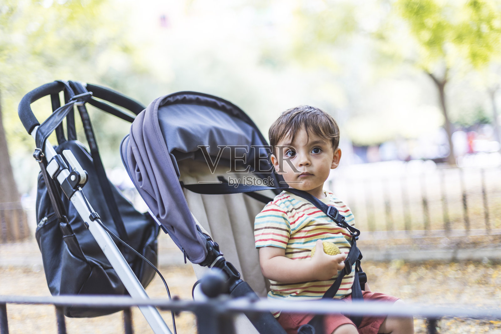 小男孩在公园的婴儿车里好奇地看着。照片摄影图片
