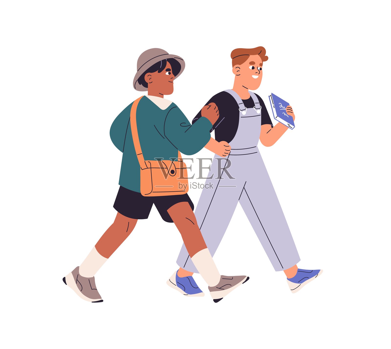 快乐的男孩们背着书包和书本去上一年级。学生们一起回到学校。孩子们的朋友们背着书包和课本去上课。快乐的孩子们在走路。平面孤立的矢量插图在白色背景上。插画图片素材