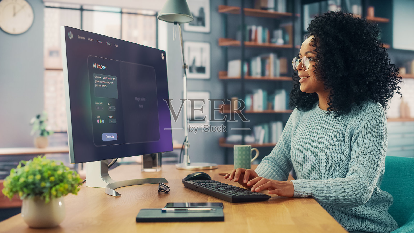 黑人女性使用带有人工智能聊天机器人界面的电脑。她在软件中输入提示。现代创意女性与人工智能合作。照片摄影图片