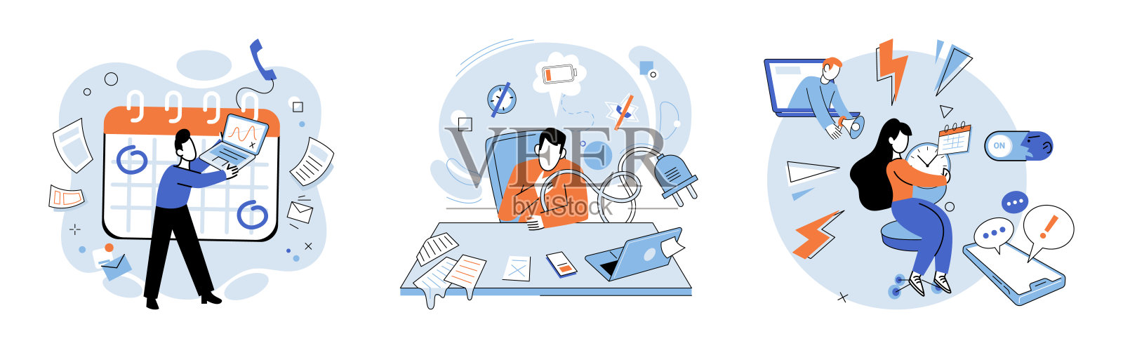 工作压力。过度工作和繁忙的日程安排可能导致过劳,感到身心俱疲。插画图片素材