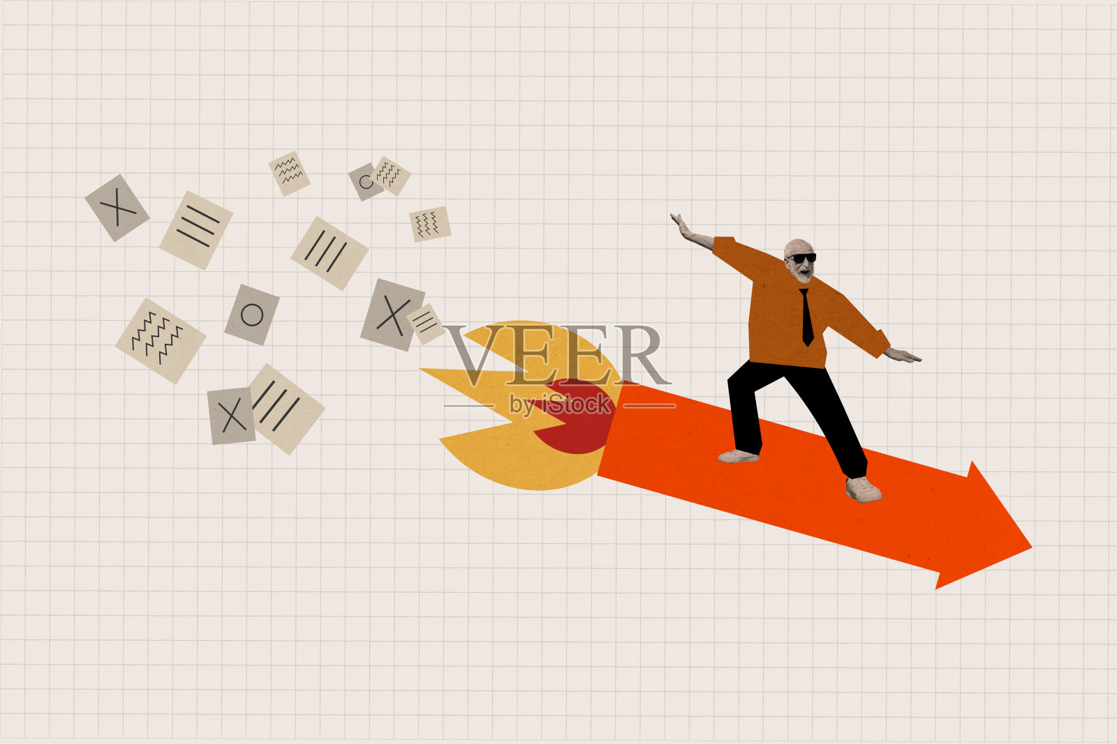 黑白剪影的老厨师飞在巨大的箭头上,像火箭一样喷射着纸张文件的合成趋势艺术作品草图拼贴。照片摄影图片