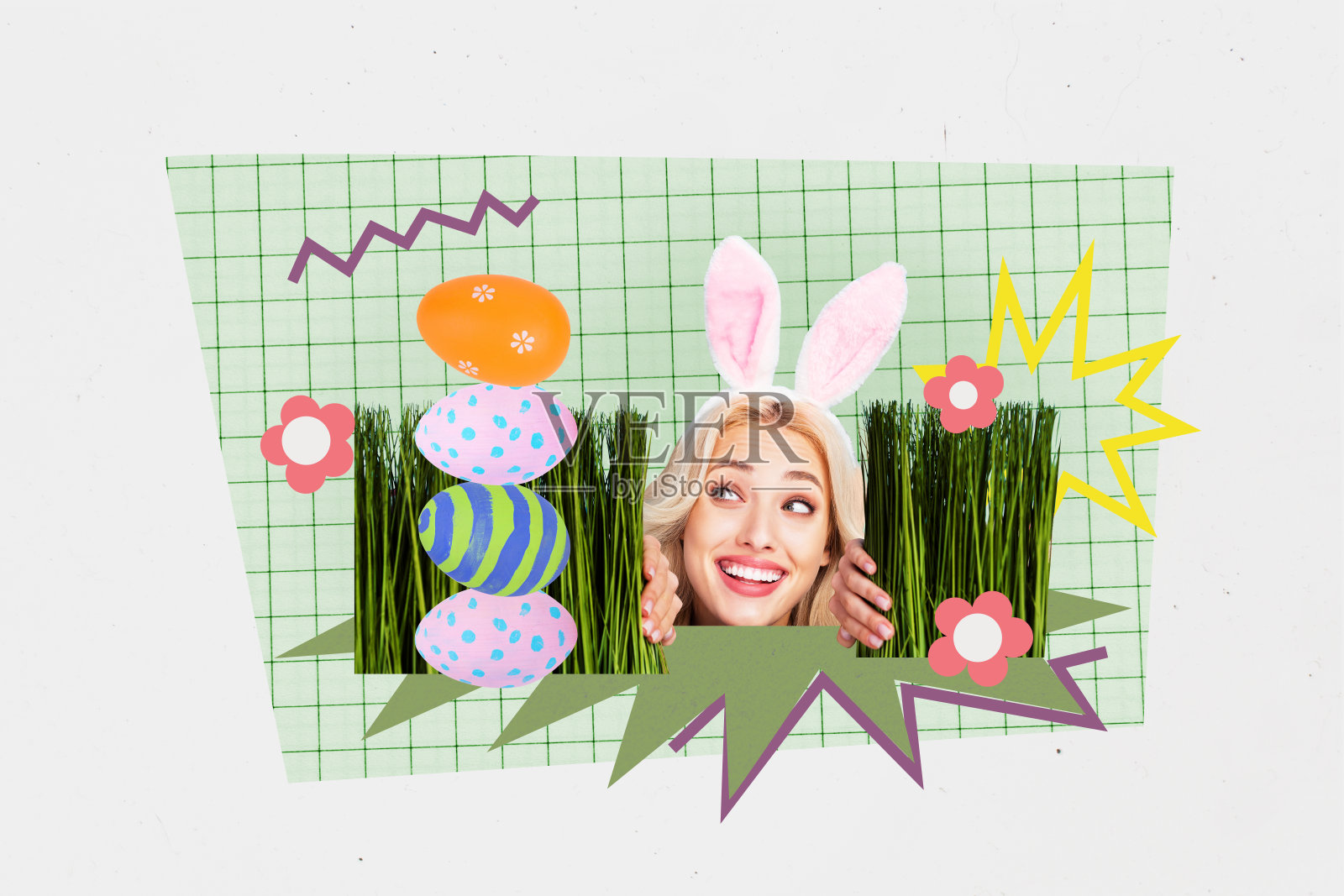 快乐、时尚、可爱的女孩在春天的花园草坪上聚集五彩斑斓的彩蛋,背景为手绘风格的图案。照片摄影图片