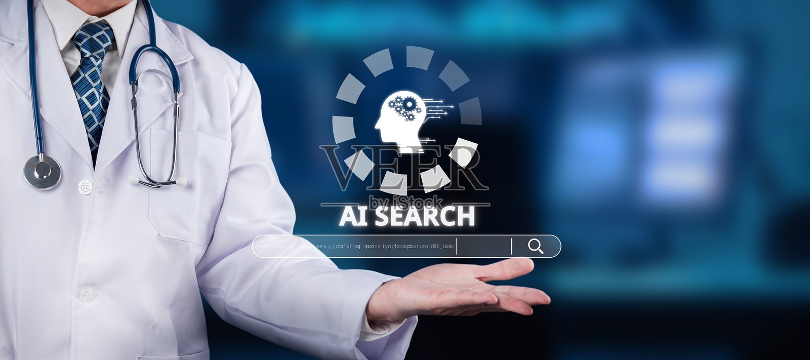 医生在医院环境中使用人工智能进行医疗搜索、医疗创新、医学技术、人工智能研究和患者数据分析。照片摄影图片