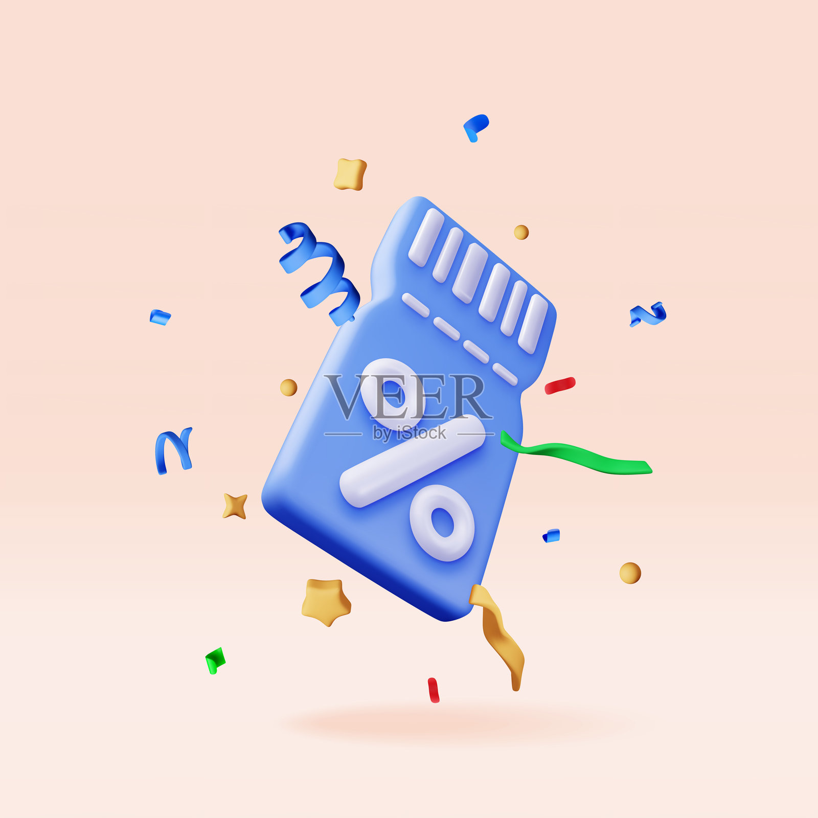 3D优惠券与百分号和五彩纸屑插画图片素材