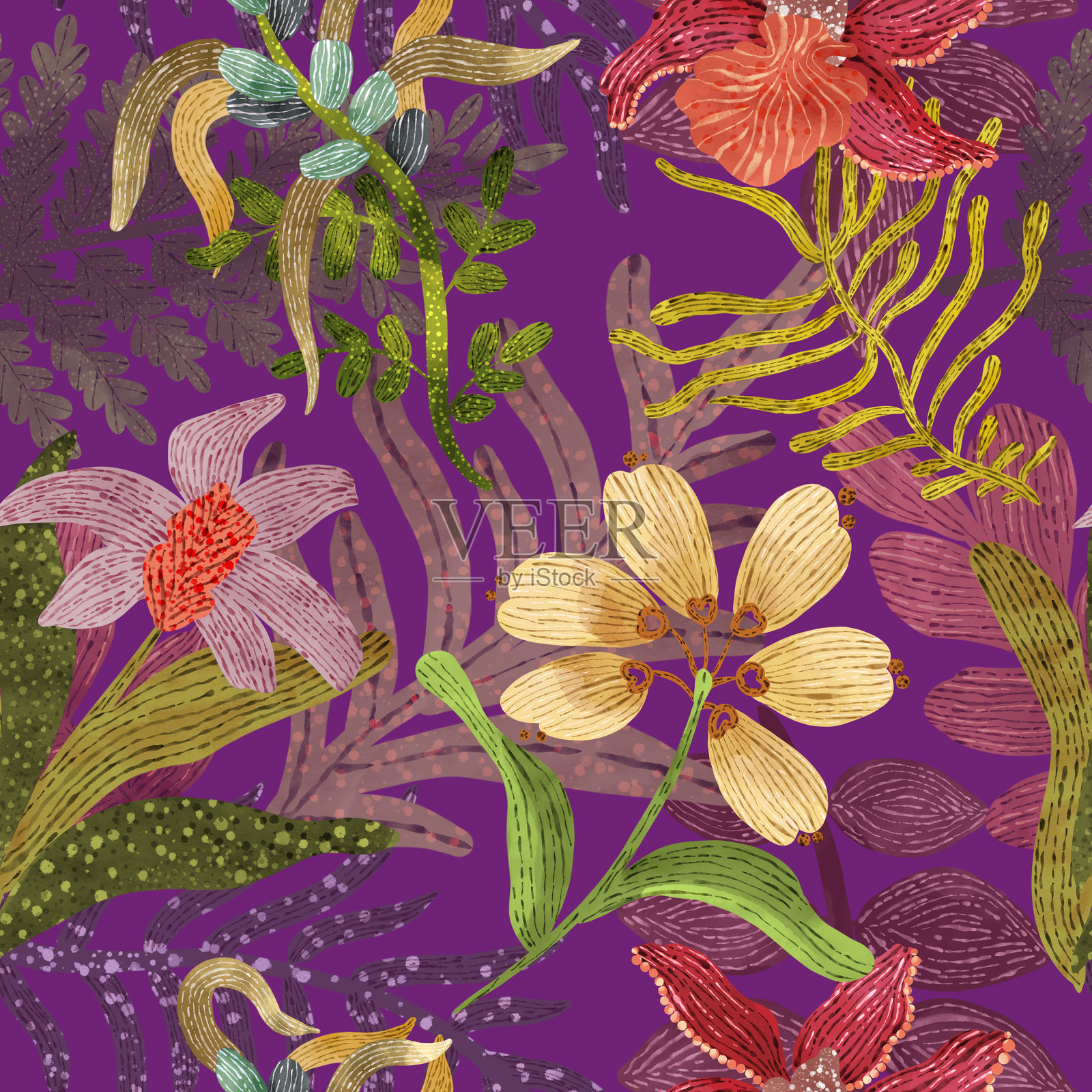 水彩画。无缝花卉图案,色彩鲜艳的花朵和叶子。时尚印刷的优雅模板。现代花卉背景。时尚的民俗风格。民族风格。插画图片素材