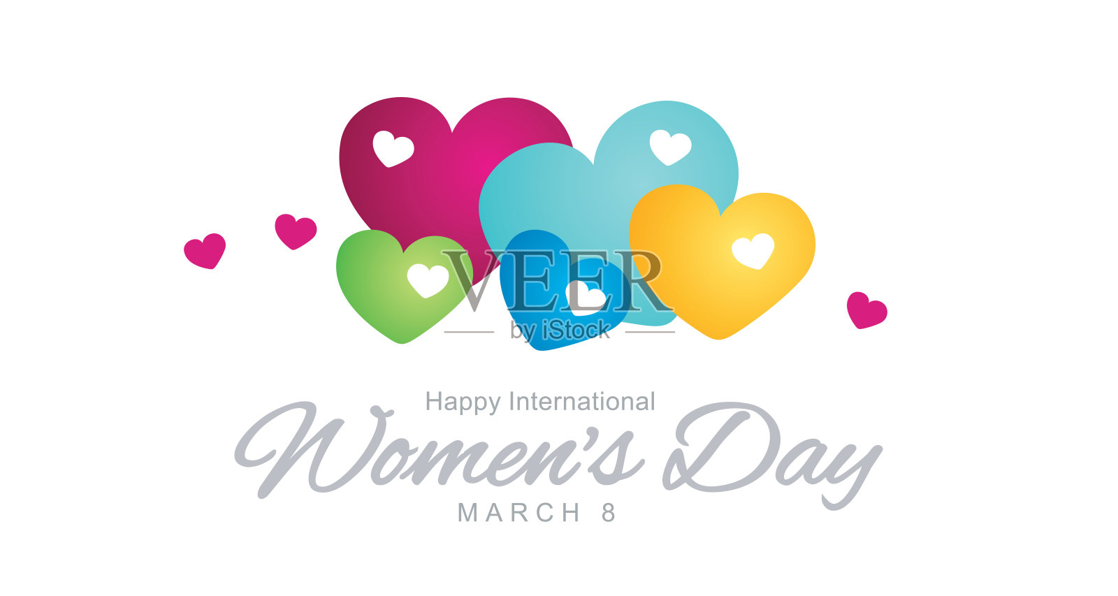 妇女节快乐,白色心形与五彩缤纷的爱心在白色背景上的横幅海报。妇女节贺卡插画图片素材