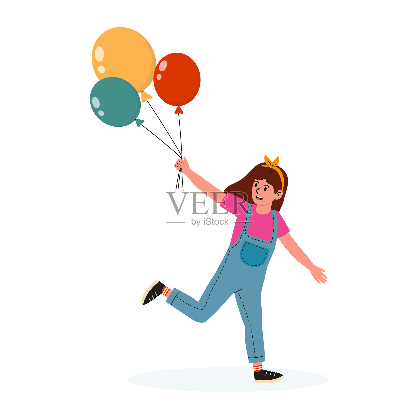 女孩在轻松愉快的时刻与五彩气球欢庆插画图片素材