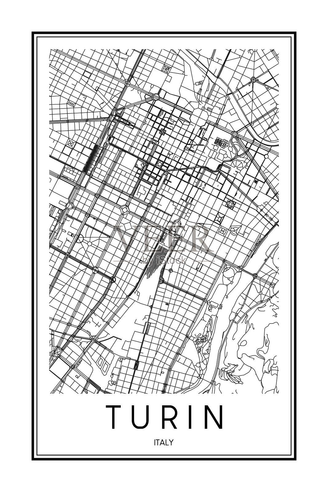 意大利城市都灵的海报打印地图插画图片素材