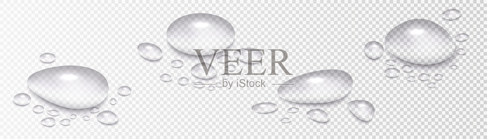 逼真的矢量水滴,独立于透明背景。高质量的插图展示了雨后水珠、晨露和玻璃表面的冷凝水滴。带有水滴的水纹理。插画图片素材