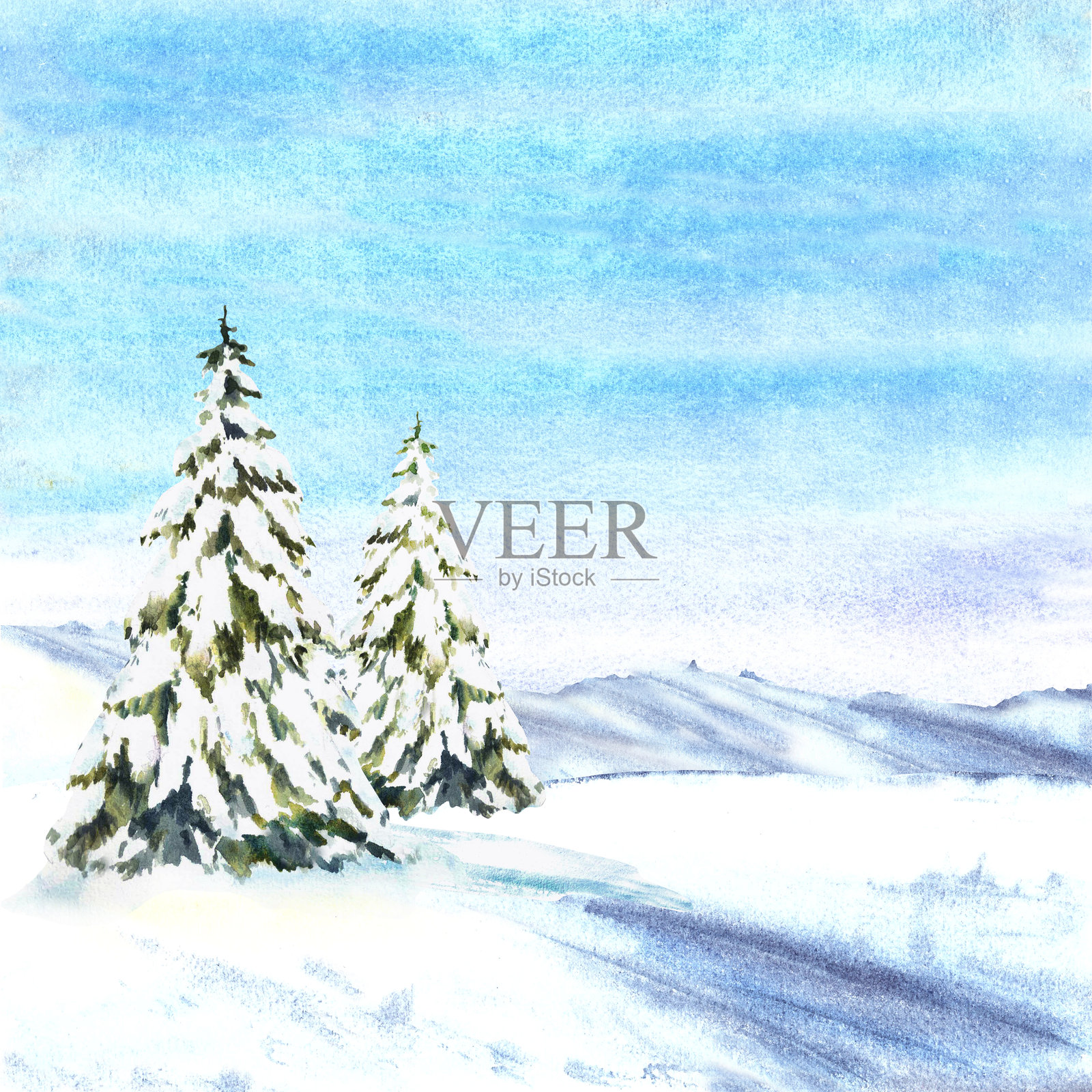 雪覆盖的松树和冷杉的冬季风景。雪山和蓝天。水彩插图插画图片素材