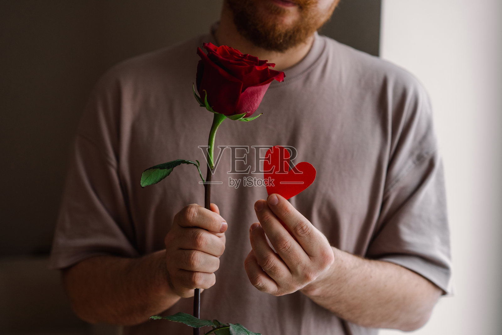 男人手持红玫瑰表达爱意。照片摄影图片