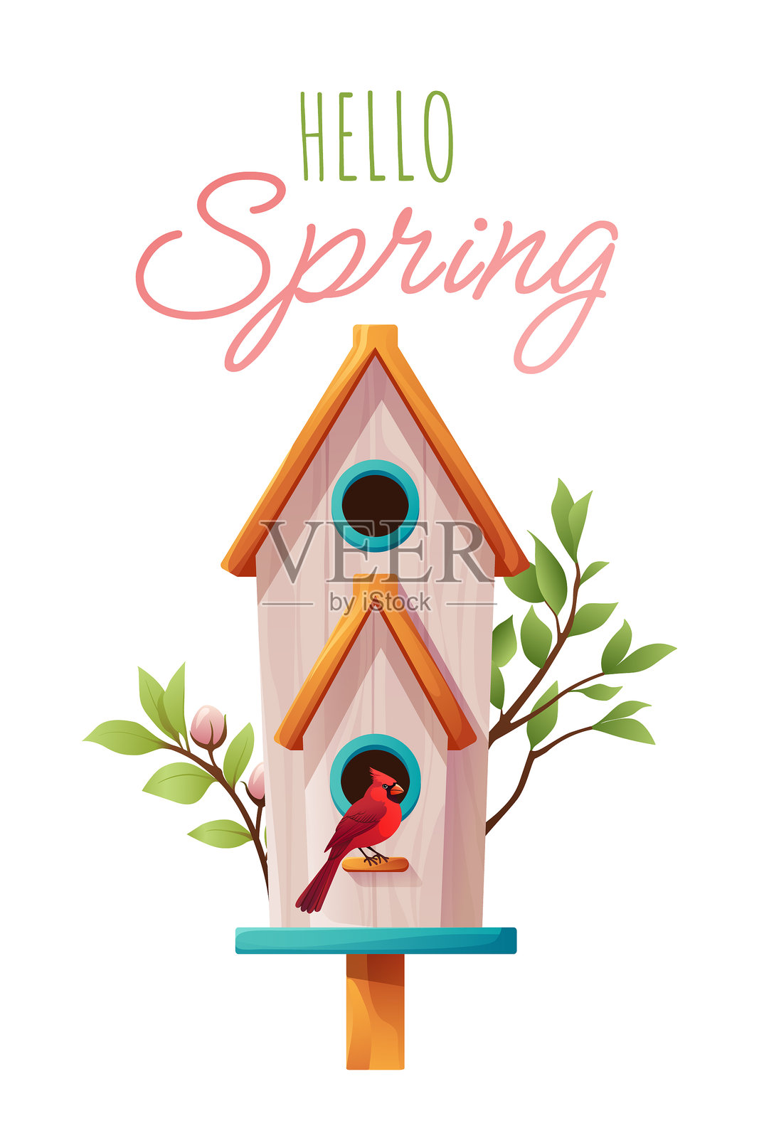 春天的插图。可爱的春季背景,包含鸟屋、树枝、小鸟和字母。适用于卡片、海报、横幅、传单、标签、社交媒体、促销和徽章的春季设计。插画图片素材