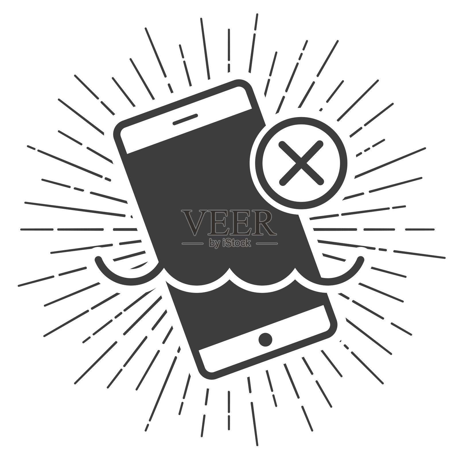 智能手机不防水。带有阳光辐射的图标,背景为白色。插画图片素材