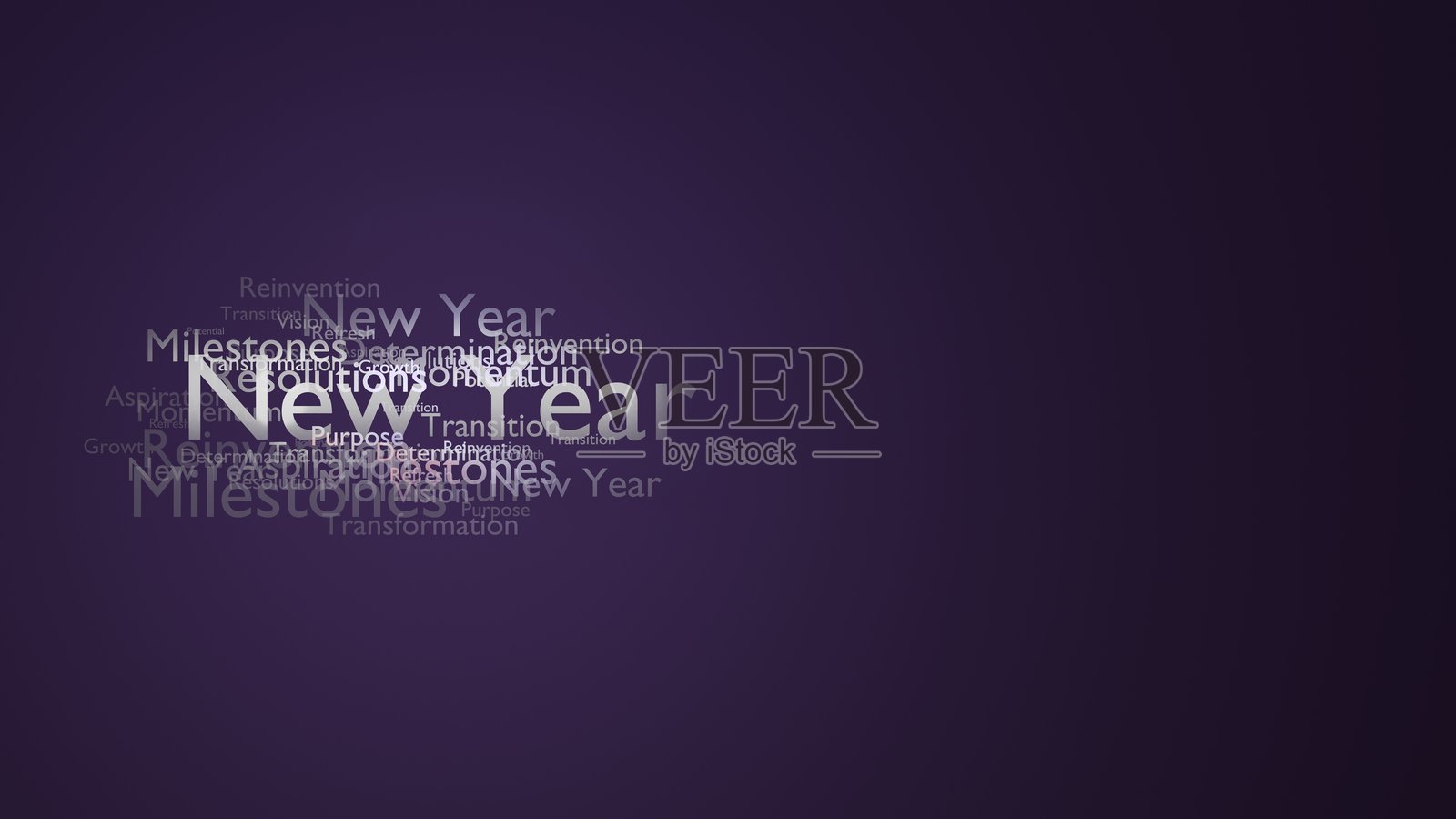 深紫色背景上的新年和里程碑词云照片摄影图片