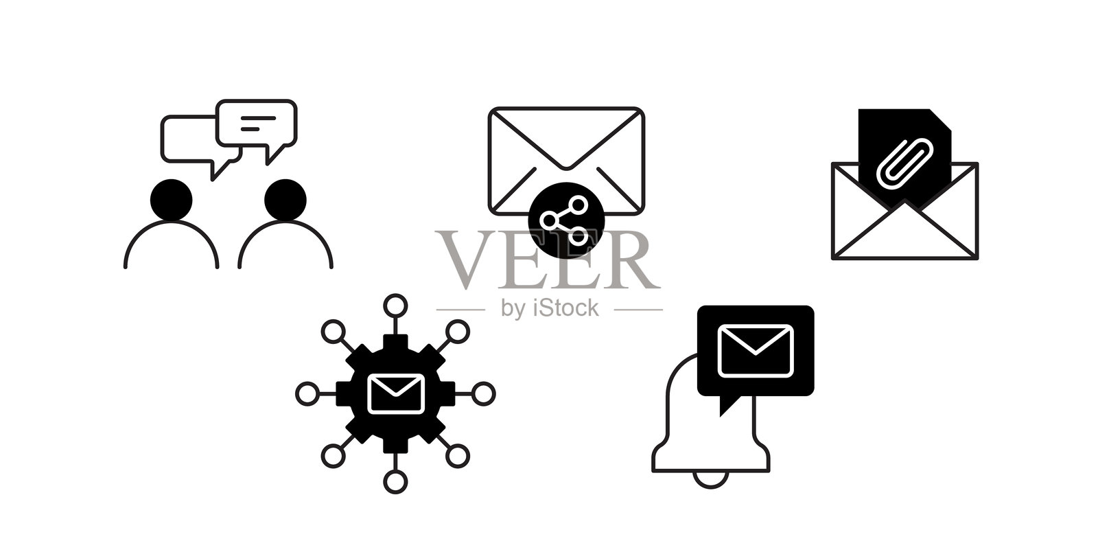 电子邮件沟通与数字消息。图标:带有电子邮件的通知铃,电子邮件网络连接,带附件的电子邮件,电子邮件共享,商务沟通。可编辑的线条和颜色。插画图片素材