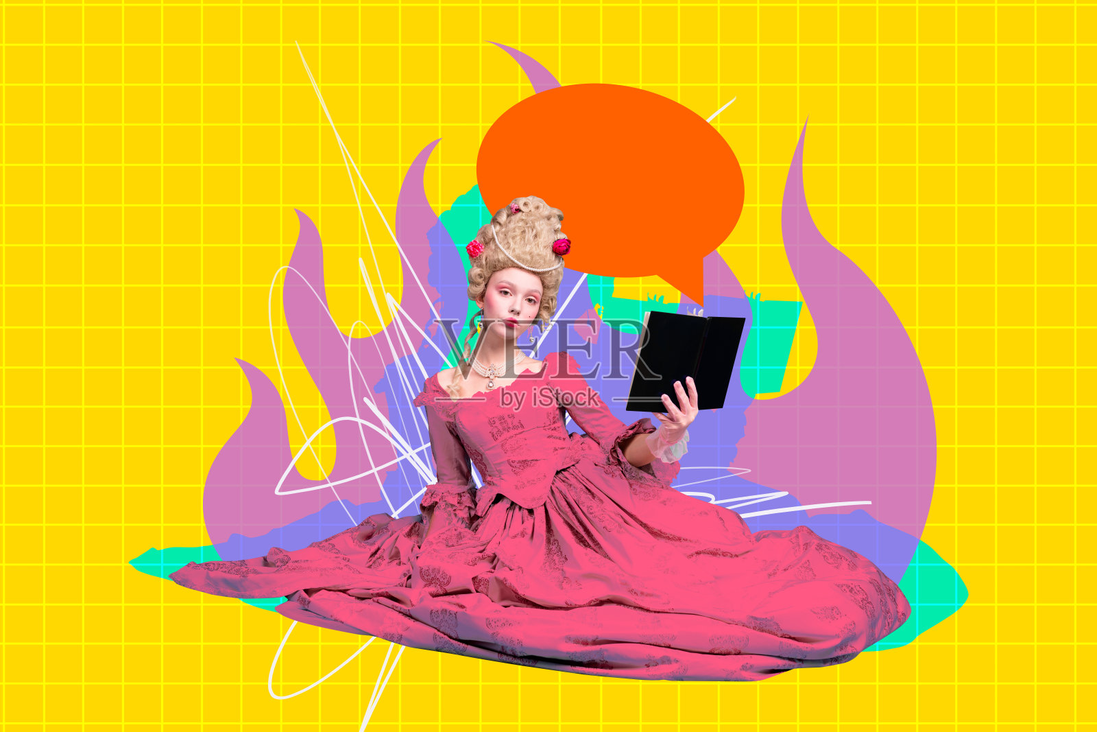 当代海报趋势艺术拼贴,严肃女孩伯爵夫人阅读小说,文学书虫爱好,古老城堡书房照片摄影图片