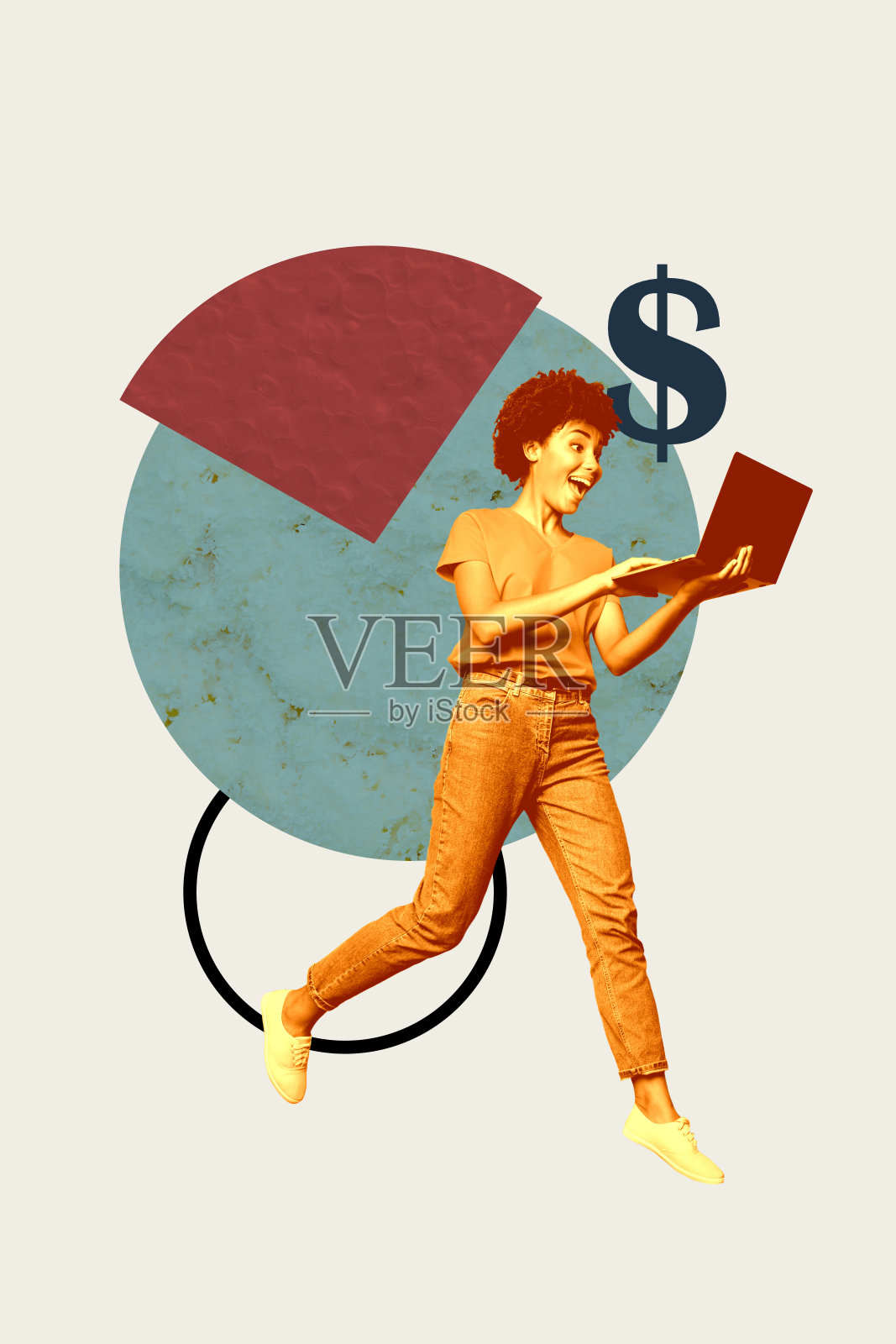 快乐的美国女孩手持笔记本电脑的垂直艺术创意趋势拼贴,展示自由职业者的图表发展和收入成功。照片摄影图片