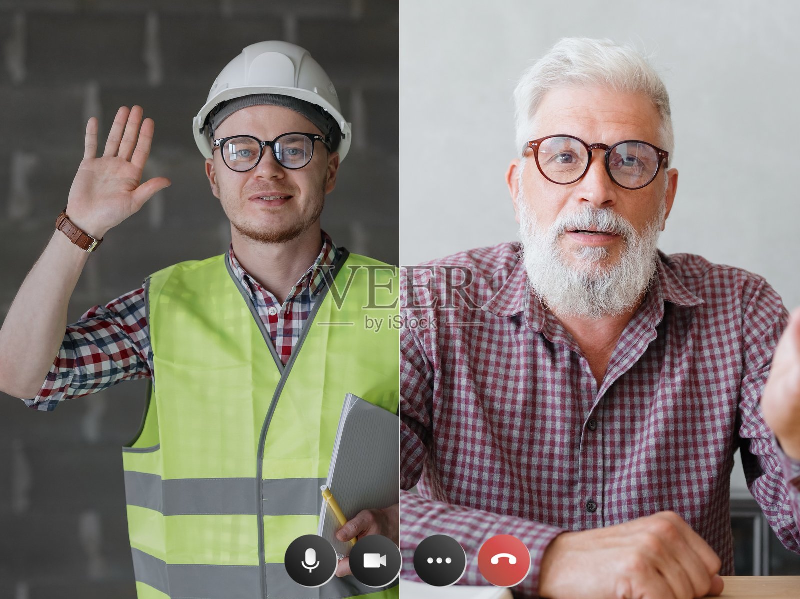 智能手机或笔记本电脑屏幕上的视频聊天。两人之间的视频通话,会议以解决工作问题。照片摄影图片