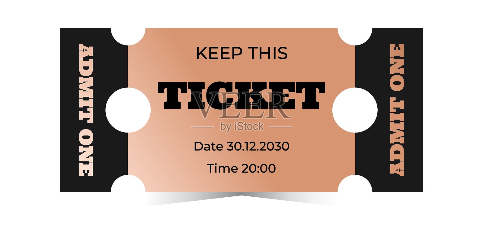 横向铜色票券模板。电影院、剧院、赌场、音乐会、歌剧、芭蕾舞、演出铜色设计。白色背景上的矢量平面插图。插画图片素材