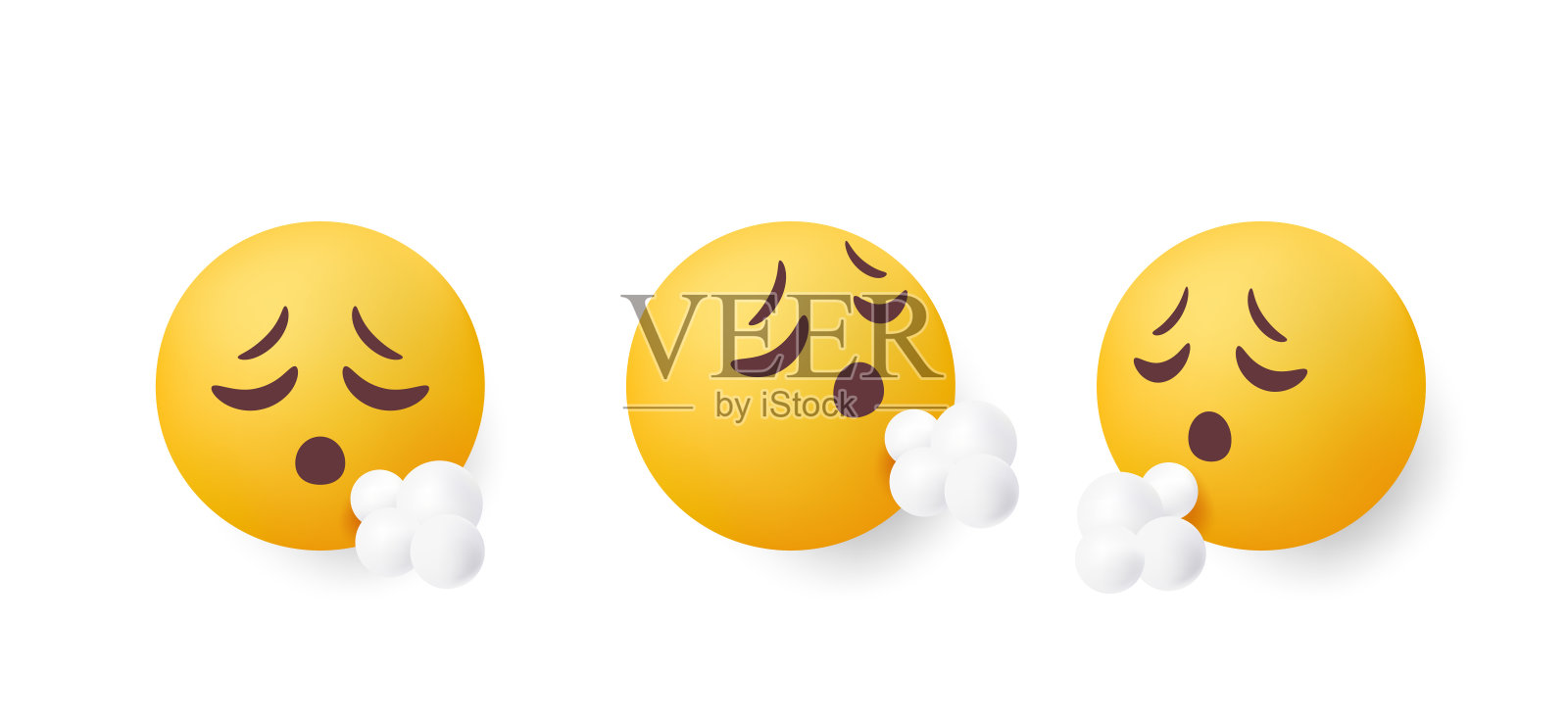 一组3D表情符号。带有疲惫和不满面孔的贴纸,表达负面情绪。用于社交网络交流的圆形黄色表情符号。逼真的矢量插图合集。插画图片素材