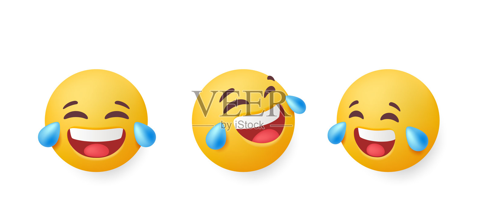 3D表情符号套装。带有笑脸的贴纸,表达快乐的情感。用于社交网络交流的圆形黄色表情符号。逼真的矢量插图合集。插画图片素材