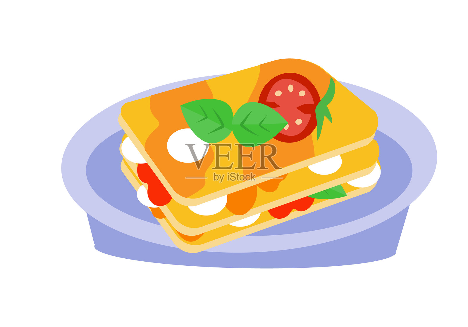 意大利传统美食:盘子上的番茄罗勒千层面。插画图片素材