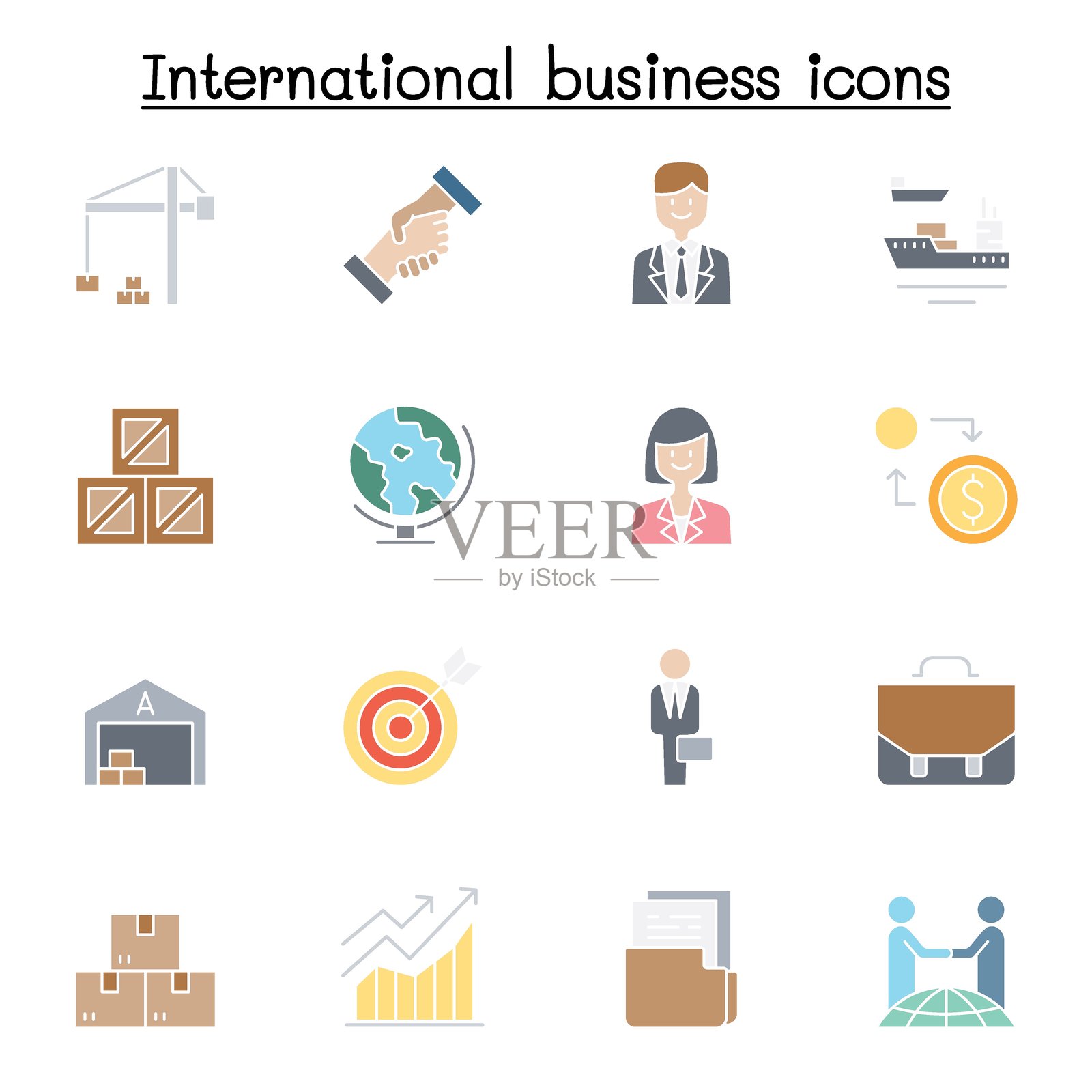 国际商务图标集,扁平化色彩风格插画图片素材