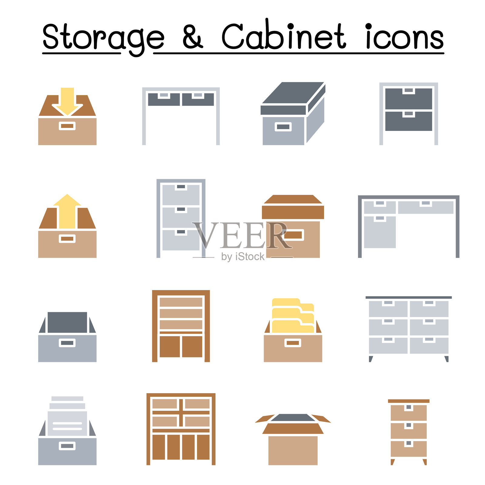 平面色彩风格的橱柜、抽屉、桌子和储物图标集插画图片素材