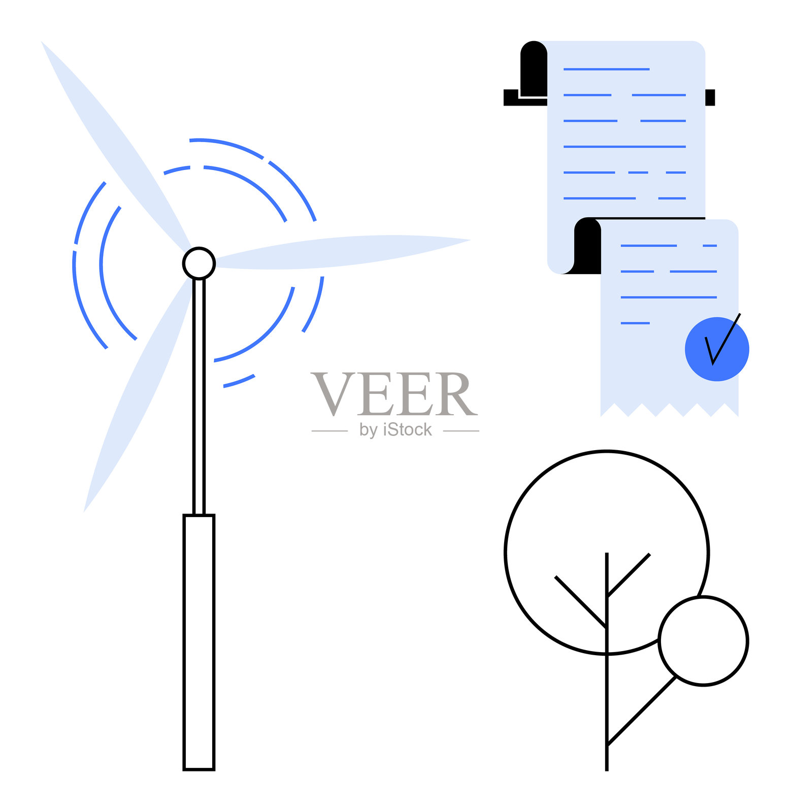 清洁能源与可持续实践的矢量图,包含风力涡轮机、文件和树木插画图片素材