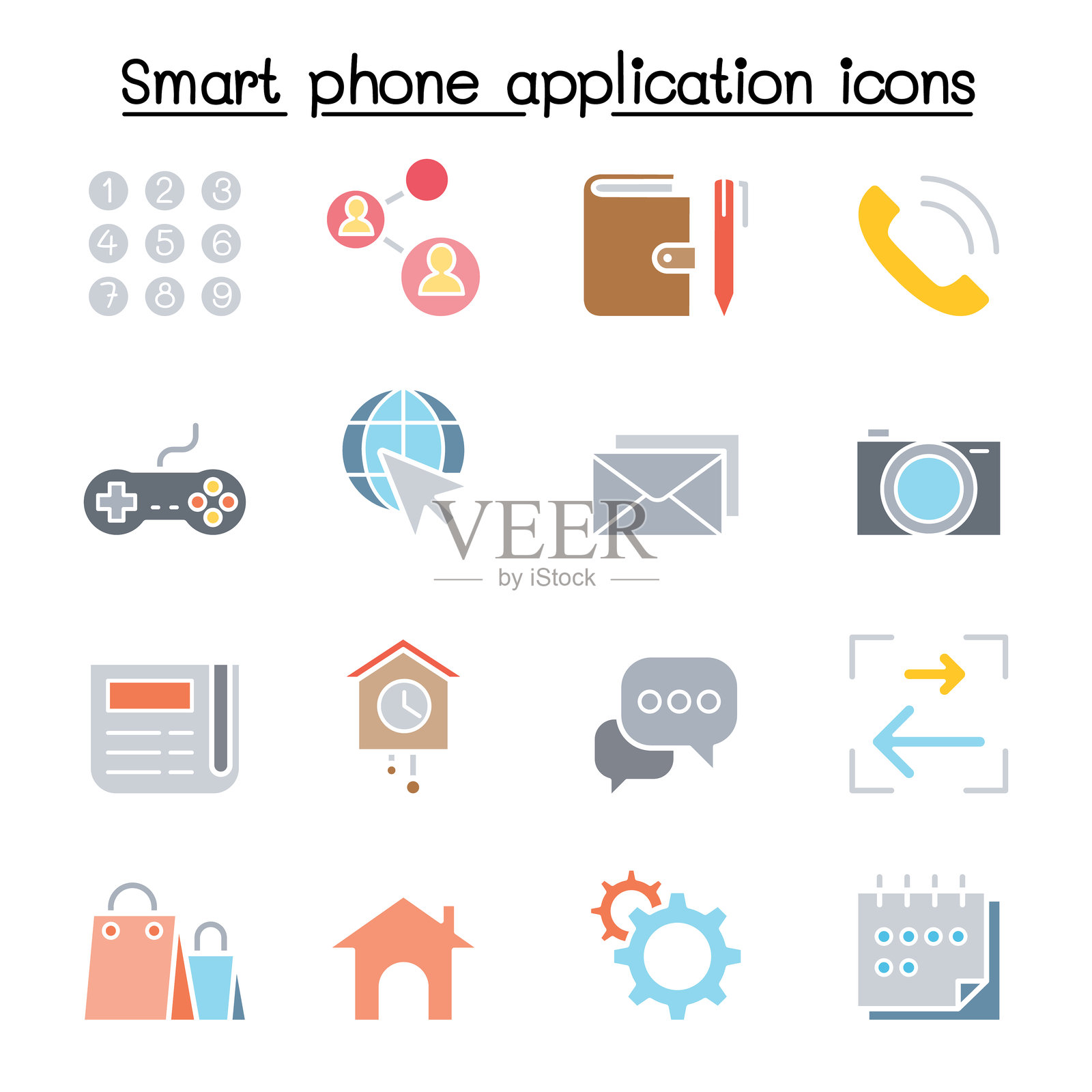 基础智能手机应用图标集,扁平色彩风格插画图片素材