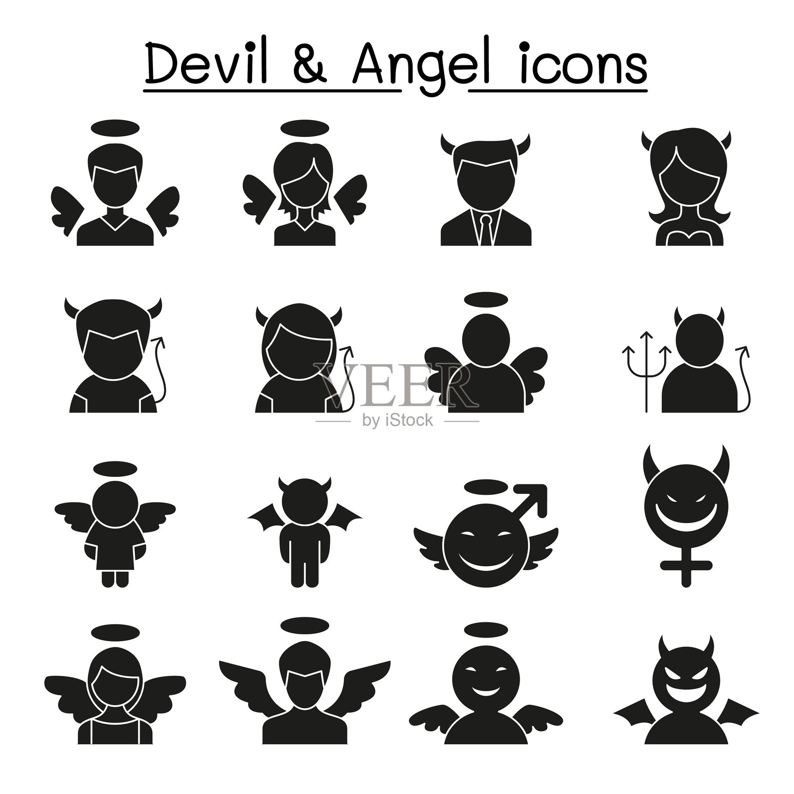 恶魔与天使图标集,采用图形风格设计插画图片素材