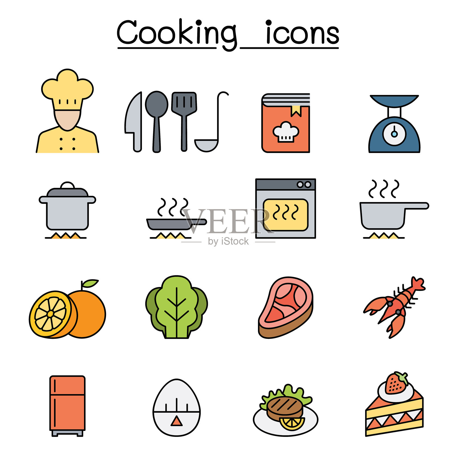 彩色线条风格的烹饪图标集插画图片素材